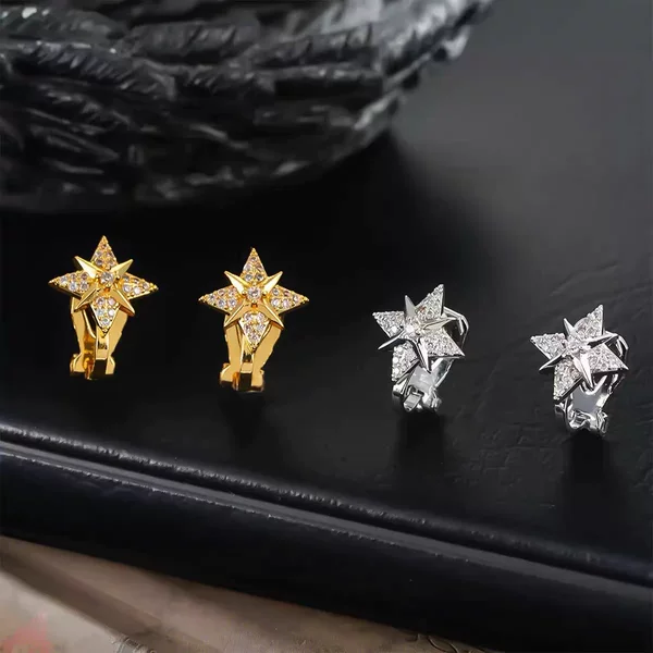 Eight-pointed star ear clips for men, trendy and stylish, with a high-end feel, fully studded with diamonds, suitable for those without pierced ears, fashionable and versatile, and with a creative design