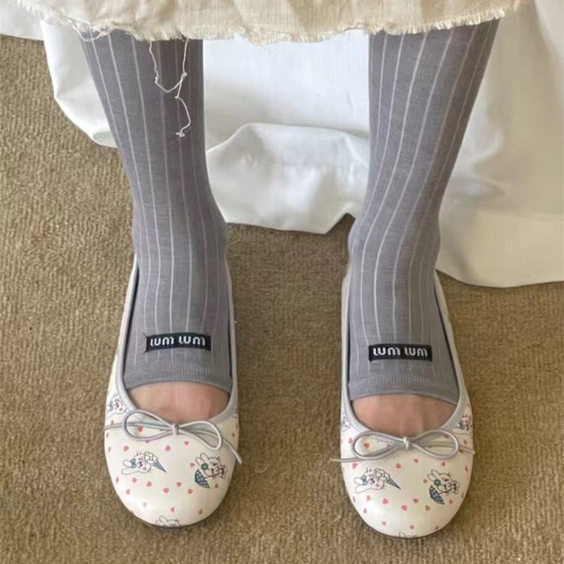 2025 New Ballet Shoes Women's Shallow Round Toe Bunny Love Printed Bow Flat Mary Jane Shoes