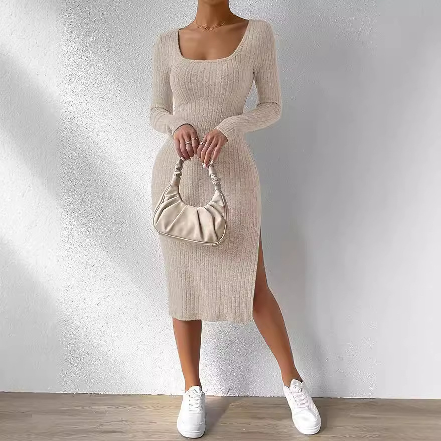 Independent Station Cross-Border Autumn Winter New European And American Style Square Neck Long Sleeve Hem Slit_ecoleips.com