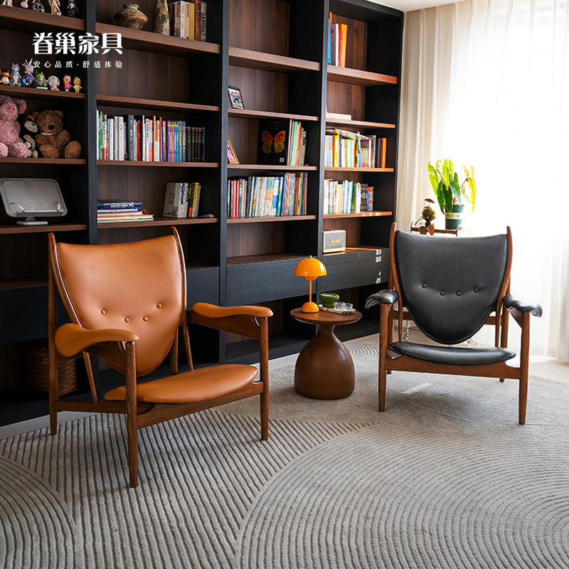 Italian-Style Master Chieftain Chair, Solid Wood Leather Chair, Single-Person Living Room Leisure Chair, Balcony Designer Vintage Sofa Chair