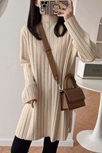 半高领竖纹粗坑条中长款遮臀针织打底衫加厚直筒开叉毛衣女秋冬女