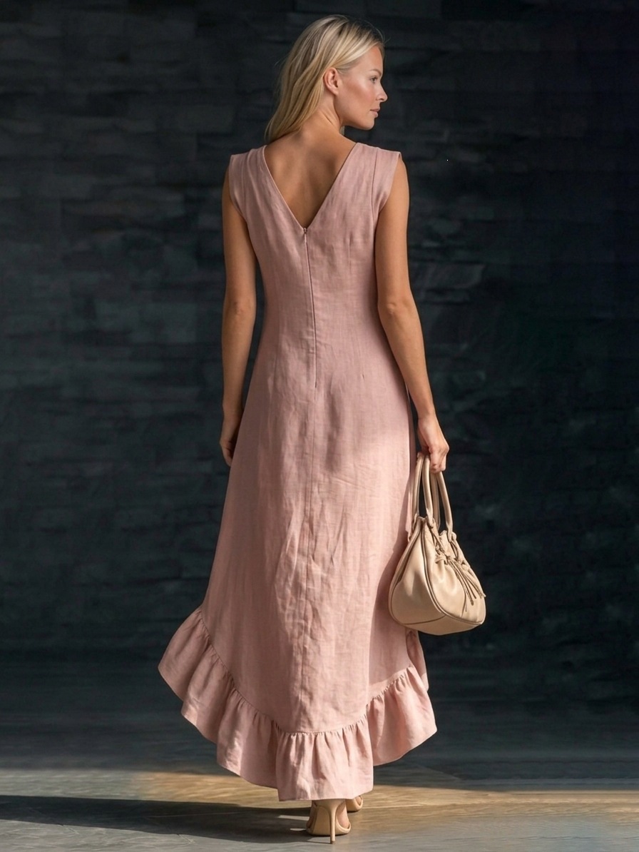 Fashionable Romantic Sleeveless V Neck Ruffled Hem Cotton Linen Long Dress For Women New_ecoleips.com