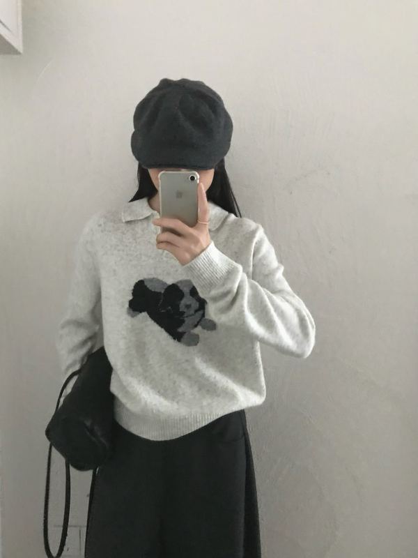 翻领卡通小狗毛衣套头2025秋冬新款韩版宽松显瘦软糯针织衫上衣女|undefined