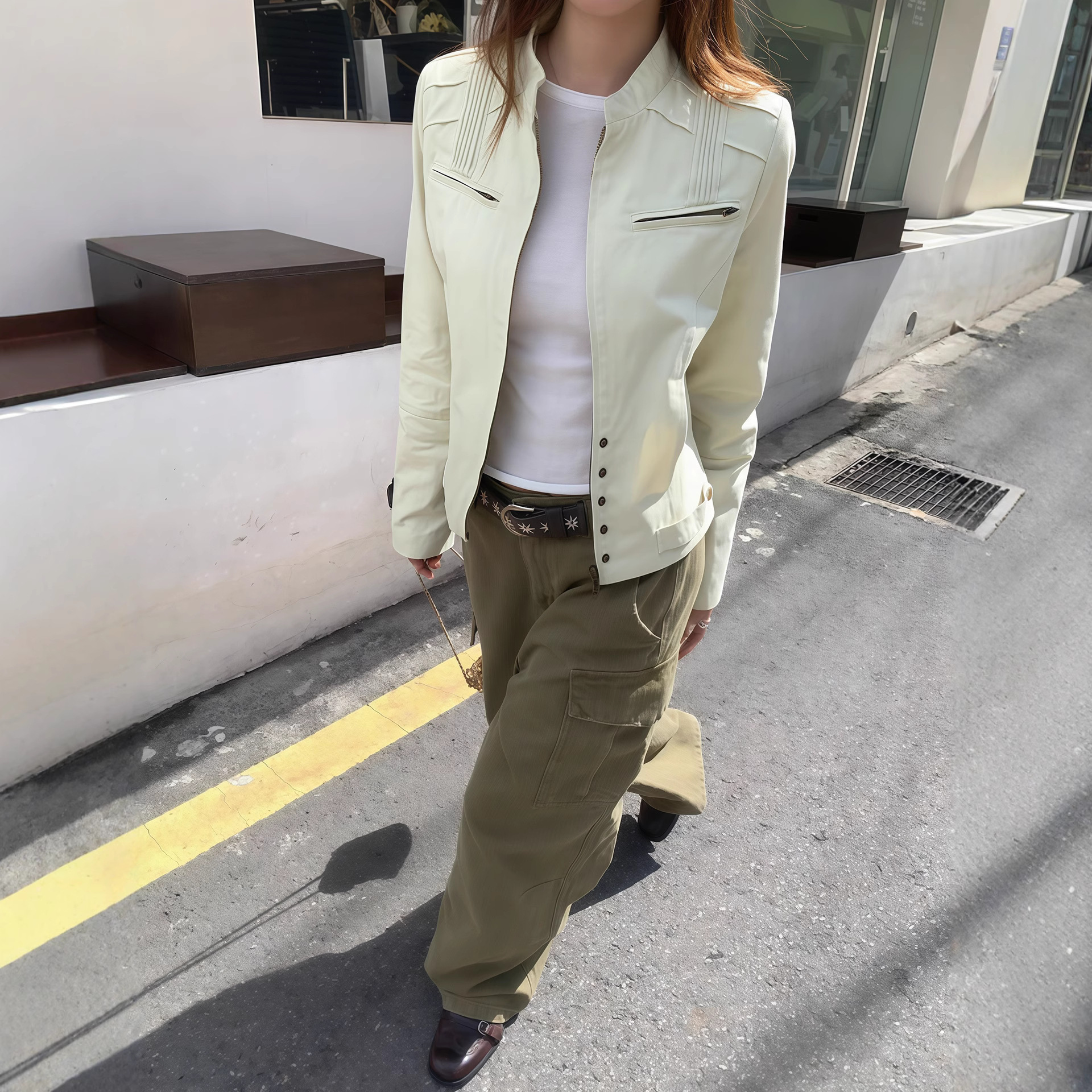 American Retro Stand Collar Work Jacket for Women, Autumn Design Niche Versatile Biker Top