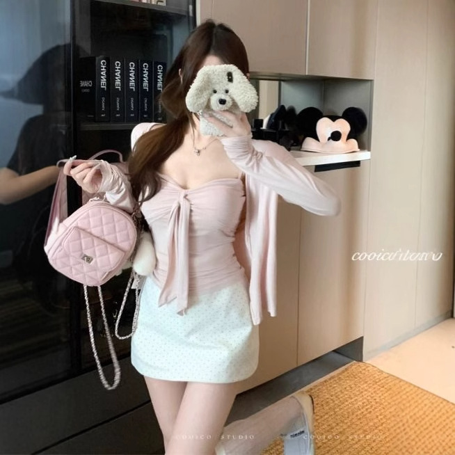 温柔粉色长袖外套开衫女秋季韩系穿搭套装绑带吊带背心上衣两件套|undefined