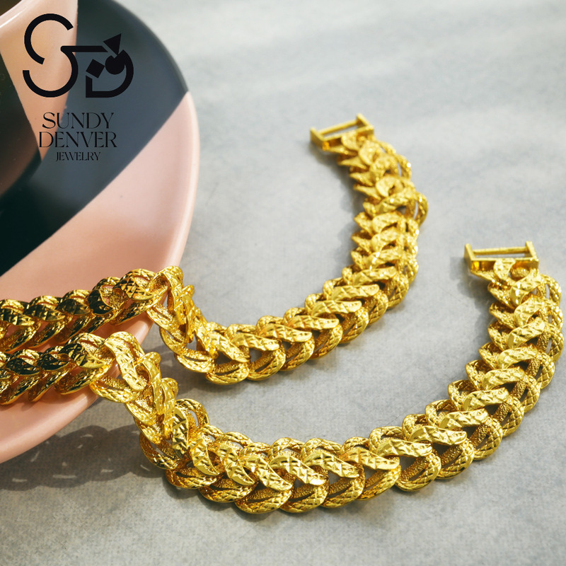 Men's Watch Chain, 24K Gold-Plated Bracelet, Boss Chain, Flat Bracelet with Floral Design, Double Buckle Watch Chain