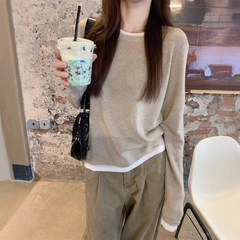 松弛感chic假两件针织上衣2025秋季撞色减龄内搭毛衣女软糯打底衫|undefined