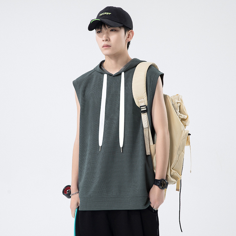 Summer Trbottomy Brand Hooded Sleeveless T-Shirt Men's Waffle Pure Color Men's Sports Bottoming Shirt Vest Loose T-Shirt Summer Trbottomy Brand Hooded Sleeveless T-Shirt Men's Waffle Pure Color Men's Sports Bottoming Shirt Vest Loose T-Shirt