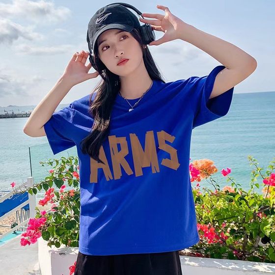 Summer New Heavy Shoulder Cotton Short-sleeved Korean Loose Casual Printed T-shirt Letter All-match Top Trendy Ins