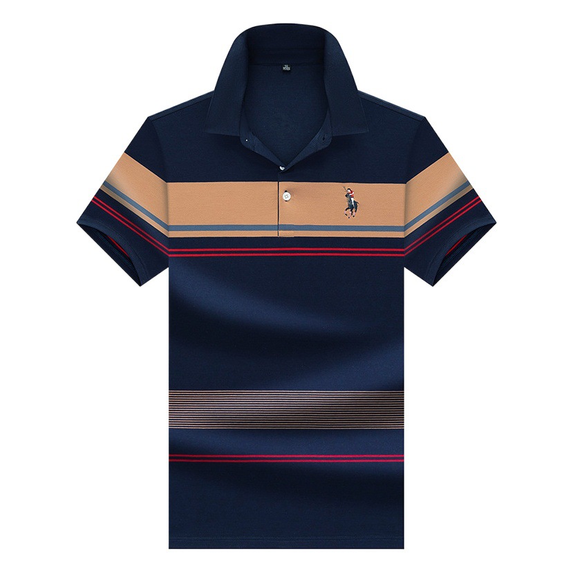 Exclusivo transfronterizo para verano nuevo estilo de algodón bordado de manga corta camiseta de hombre a rayas casual solapa de gran tamaño camisa POLO para hombre