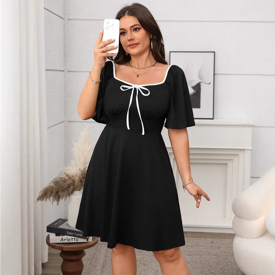 Длинное платье женское европейского стиля, plus size 1XL–4XL, короткие рукава, квадратный вырез с бантом
