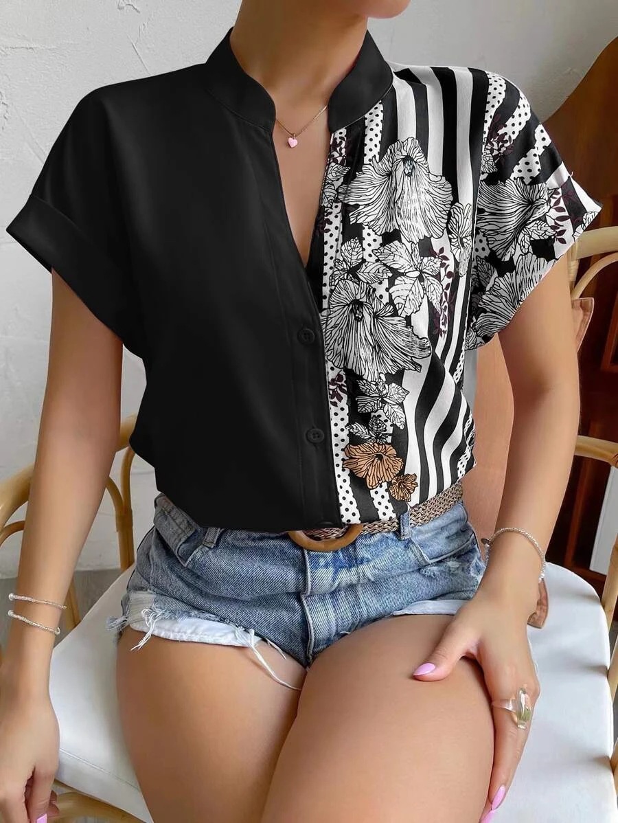 Women's Blouse Short Sleeve T-shirts Printing Contrast Binding Fashion Stripe Flower display picture 5