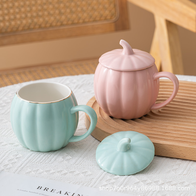 Taza de cerámica con diseño de calabaza - Con tapa - Para oficina, desayuno, café y agua - Creativa y adorable