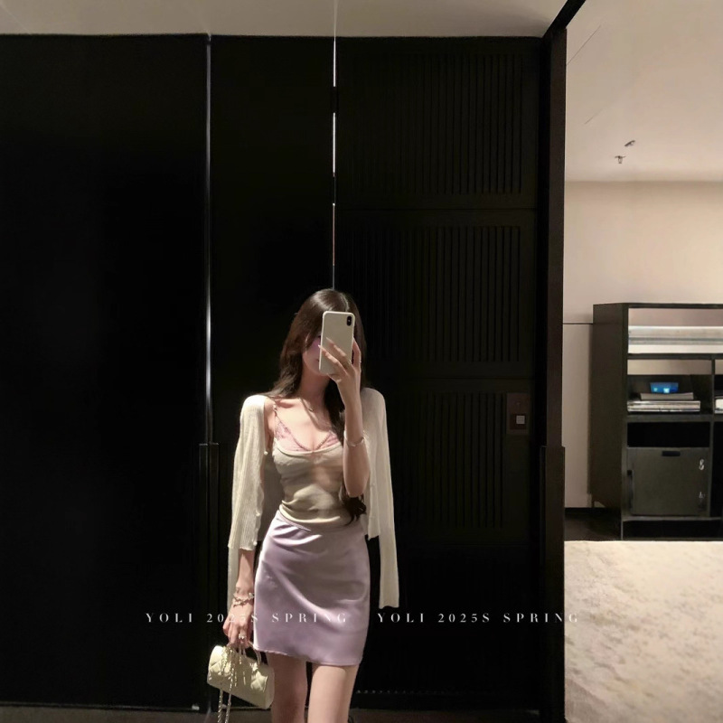 YOLI 张宥利 “莫奈花紫色”晕染假两件条纹吊带收腰显瘦气质上衣|undefined