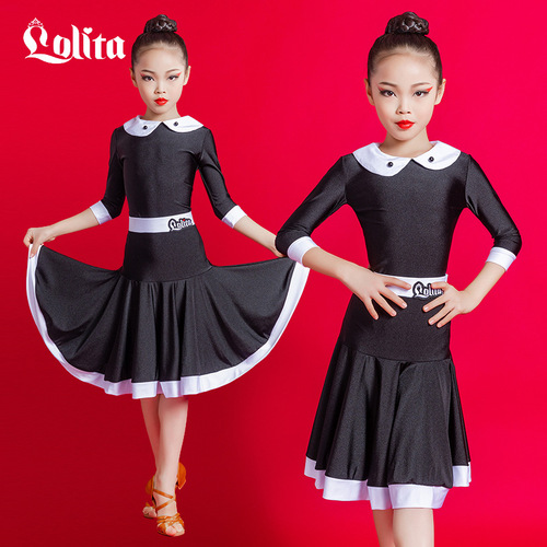 Children girls black with white Latin dance clothes practice exercise dresses for kids performance costumes set