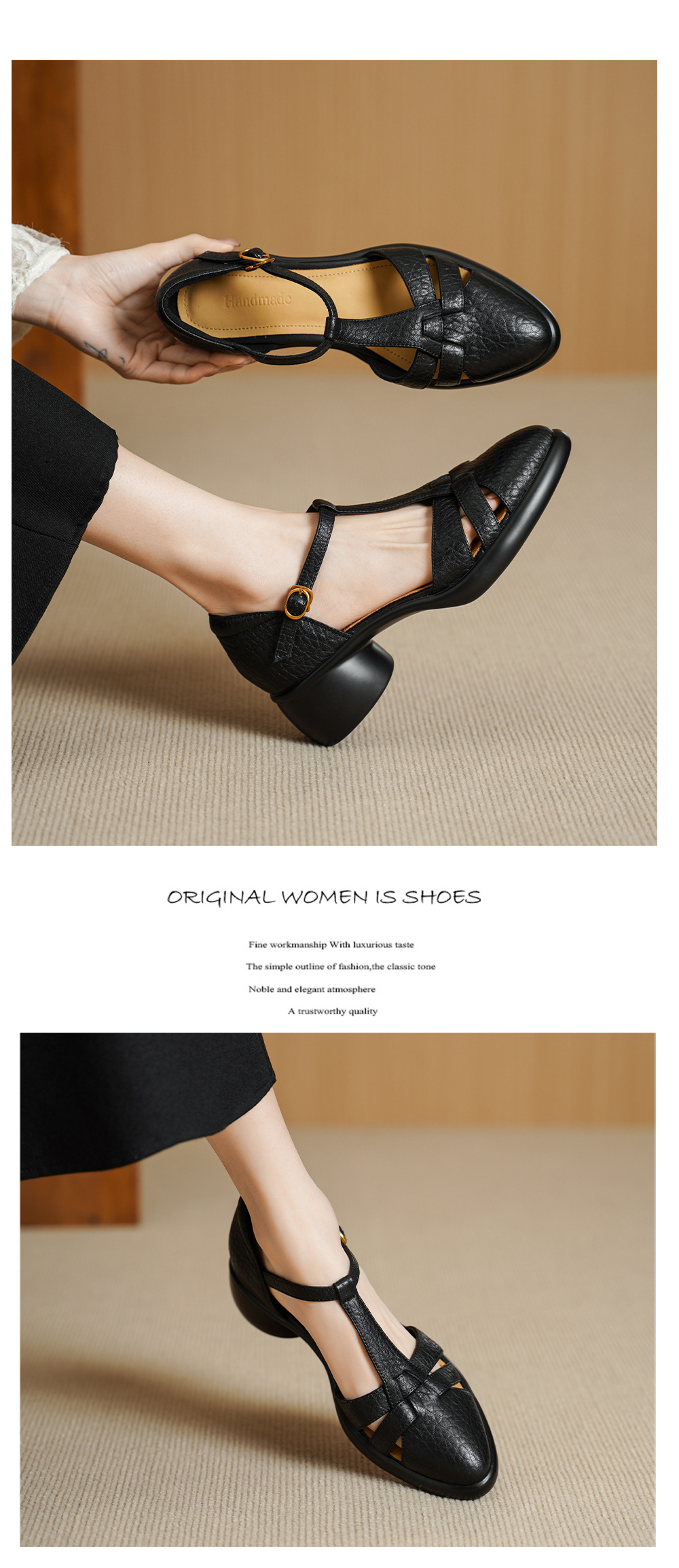 Sandal nữ quai chữ T bít mũi gót vuông 5 cm phong cách La Mã — đen chi tiết 8