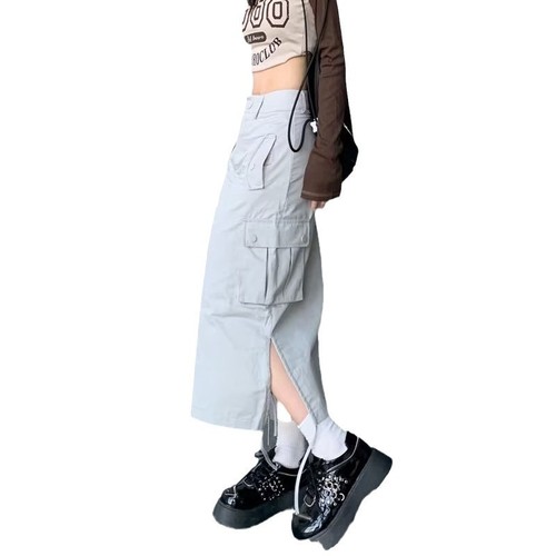Workwear half-length skirt for women with drawstring, fashionable split design, mid-length summer new style, high-waisted American-style loose A-line long dress