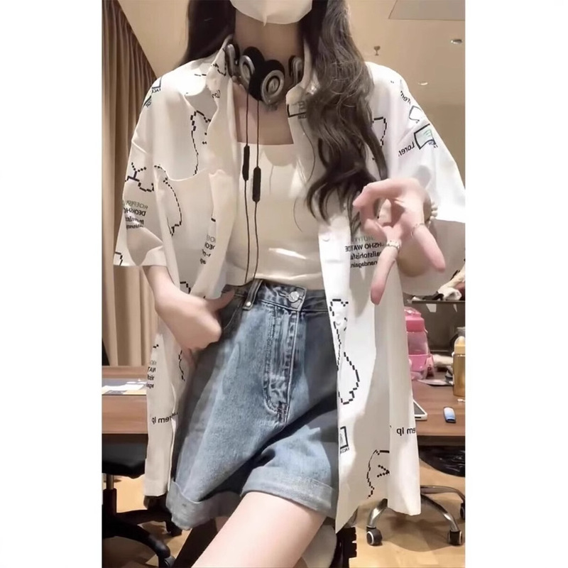 American-Style Salt-Style Bear Print Short-Sleeve Shirt for Women, 2026 Summer New Lazy Style Shirt, Trendy Top for Petite Figures