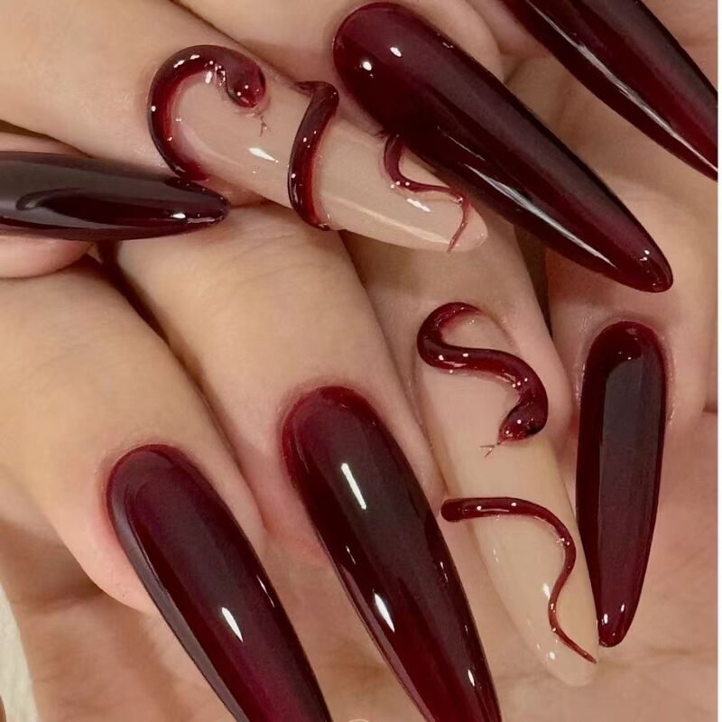 Retro Red Snake Cow Blood Red Dark Super White Handmade Custom Wearable Nails Removable Nail Patches