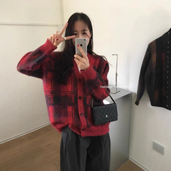 复古红色格纹针织开衫女2025秋冬新款韩系老钱风宽松V领毛衣外套