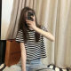 2024 Summer New Cotton Top Round Neck All-match Korean Style Striped Slim T-shirt Women's Good-looking Short-sleeved T-shirt