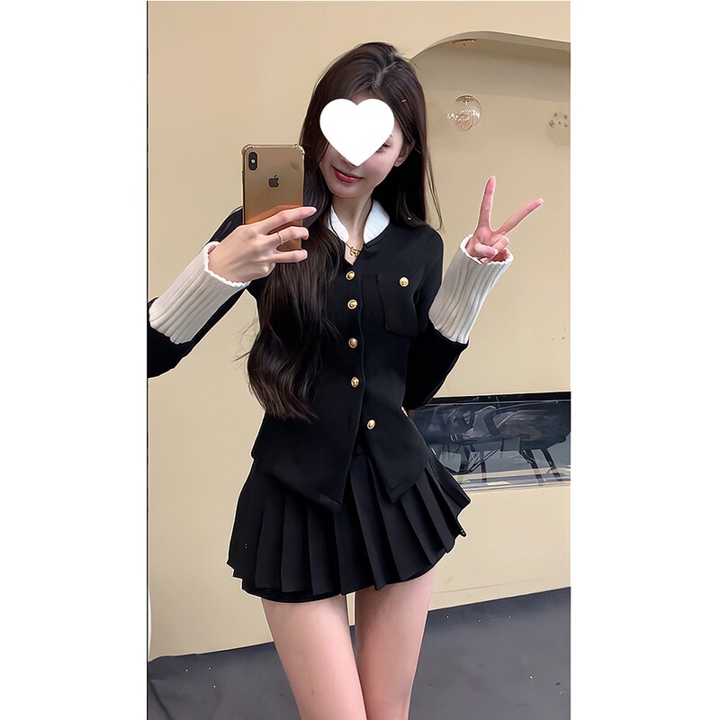 小香风富家千金撞色时尚休闲套装复古长袖衬衫女百褶裙短裙两件套|undefined