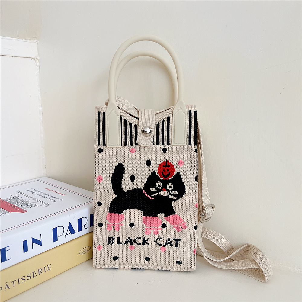 108g Weight Polyester Lining Material Buckle Closure Type Top Handle Strap Type Handbag Bags Type Casual, Daily Occasion Knit Material Cat Pattern All Seasons Season Women's Gender Vintage Style, Classic Style Style Bucket Shape Small Size Women's Small Knit Cat Vintage Style Classic Style Bucket Buckle Handbag 29