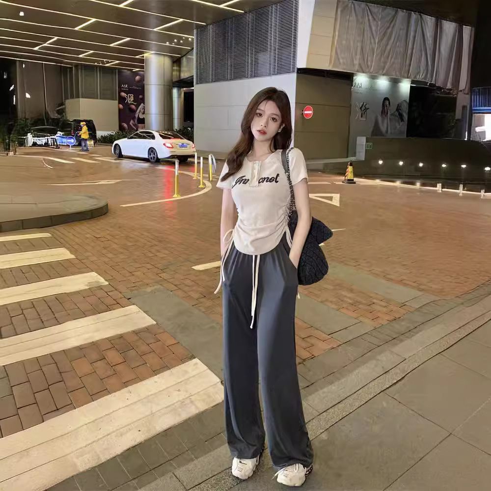 Sommer New Style American Sweet Cool Spicy Girl Kordelzug Kurzarm Abnehmen T-Shirt Ice Silk Weites Bein Lange Hosen_voghion.com