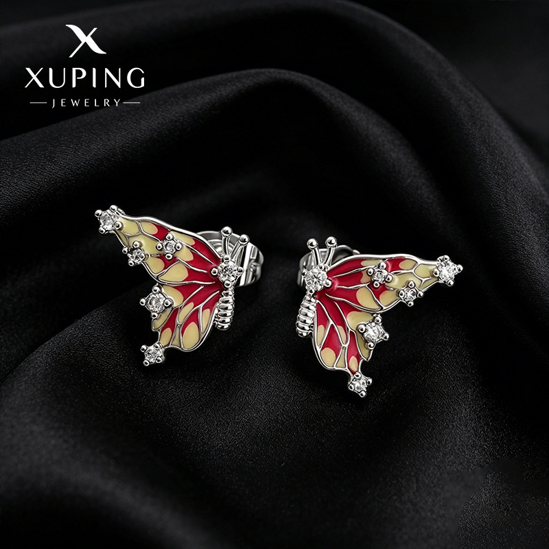 Xuping incrustado joyas artificiales aleación de cobre chapado blanco mariposa pendientes de esmalte de color goteo serie de pendientes al por mayor