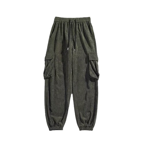 Japanese corduroy work pants for men, autumn American casual retro multi-pocket high street loose plus-size tie-up pants