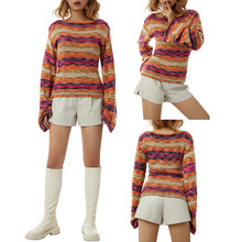 2021秋冬套头条纹百圆领欧美亚马逊新款针织衫宽松大码彩虹毛衣女