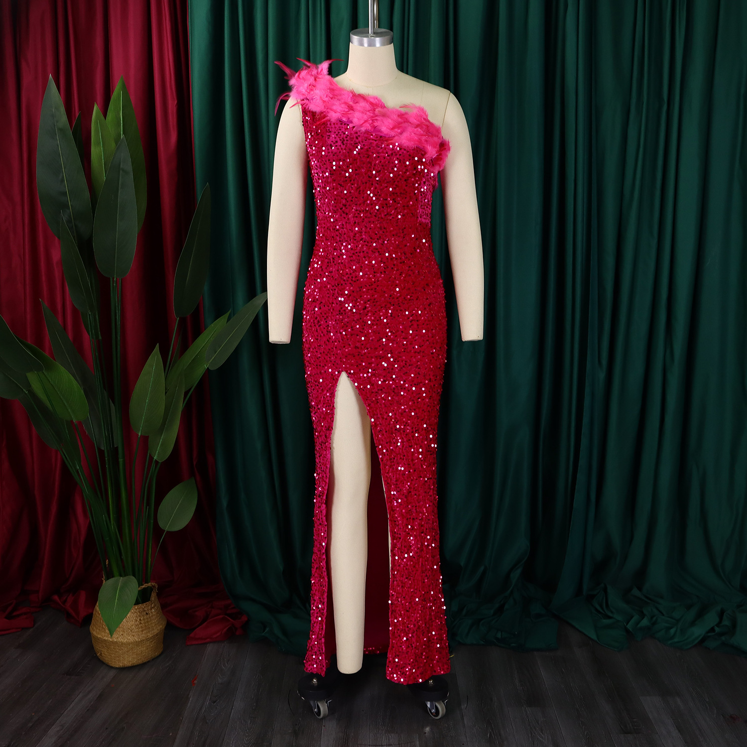 Women's Clothing women's summer sexy fashion feather oblique collar banquet dress skirt sequin slit long skirt_voghion.com