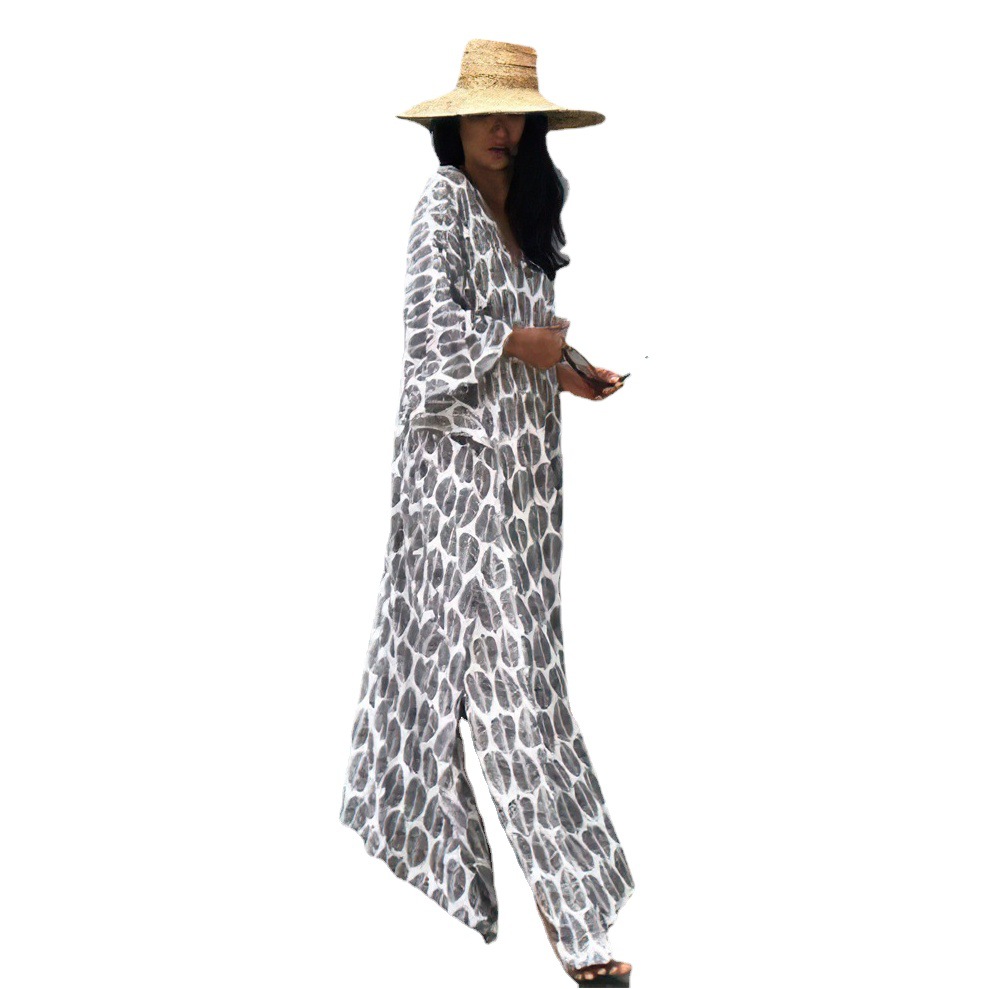 1D100 playa blusa nuevo delantero y trasero en V cuello suelto playa vacaciones falda bikini sol protección camisa transfronteriza