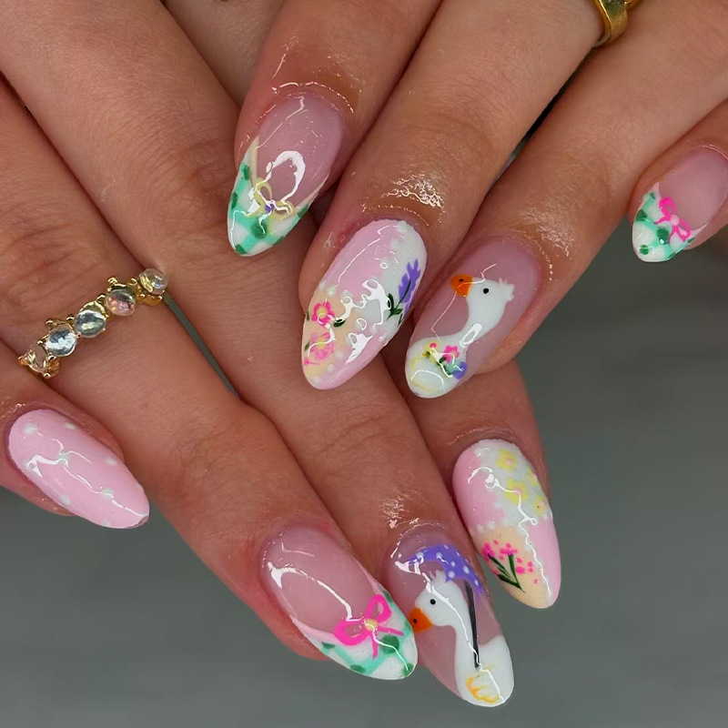 24 Pieces of Almond-Shaped Floral Pastoral Style Lavender Yellow Duck Press-On Nails Wholesale in Stock 24 Pieces of Almond-Shaped Floral Pastoral Style Lavender Yellow Duck Press-On Nails Wholesale in Stock