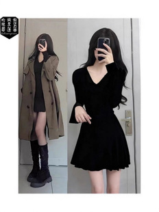 Black knitted dress, demi-season short coat, mini-skirt