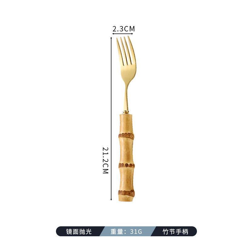 天然竹柄ステンレス食器デザートサラダスプーンフォークティースプーン竹祭りハンドル洋食ステーキナイフフォークスプーンセット|undefined