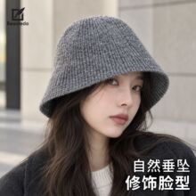 秋冬款大头围冬显脸小条纹毛线渔夫帽女纯色个性高级感针织盆帽子