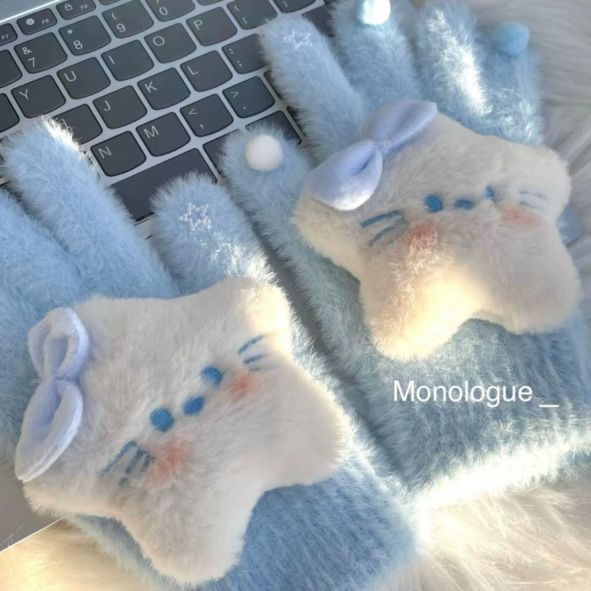 Blue gloves with bow, keep warm cute cartoon set for elementary school students, wide color palette