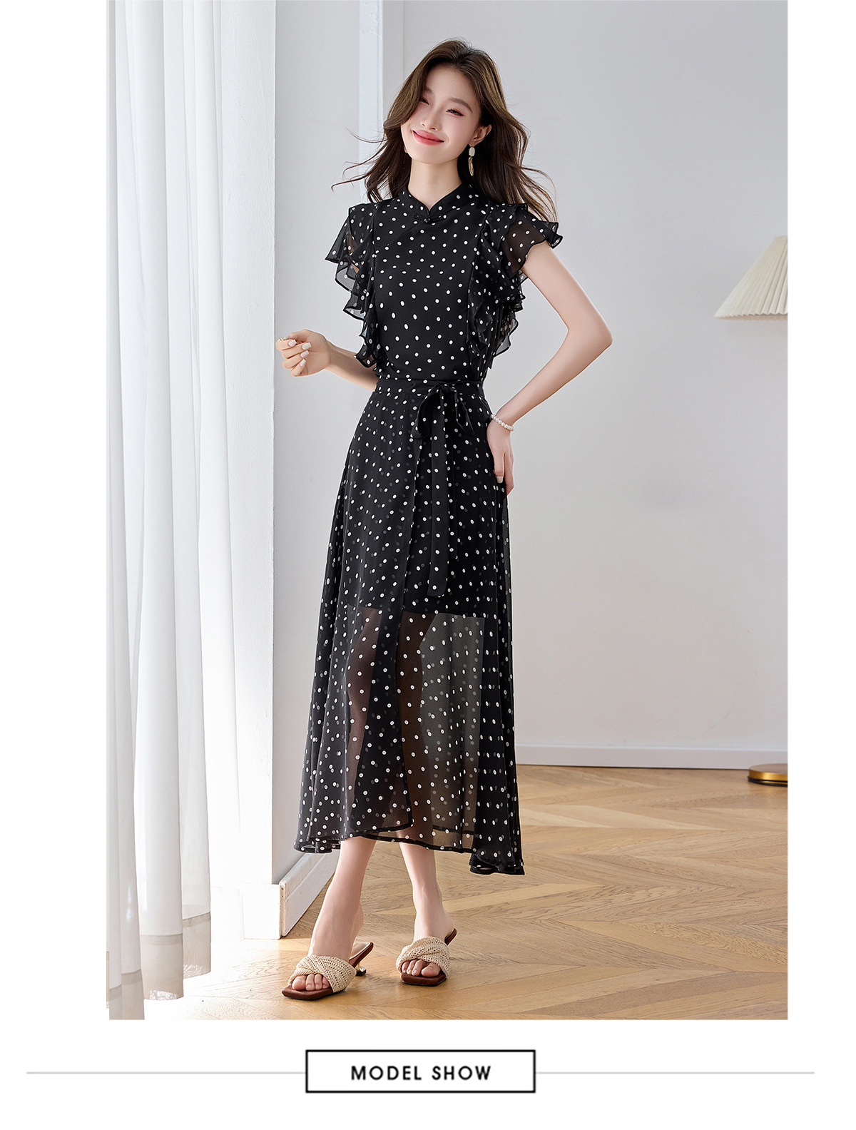 Đầm maxi nữ thắt eo họa tiết hoa nhí hai dây mặc hai kiểu Z5718 — Hoa đỏ, Chấm tròn chi tiết 12