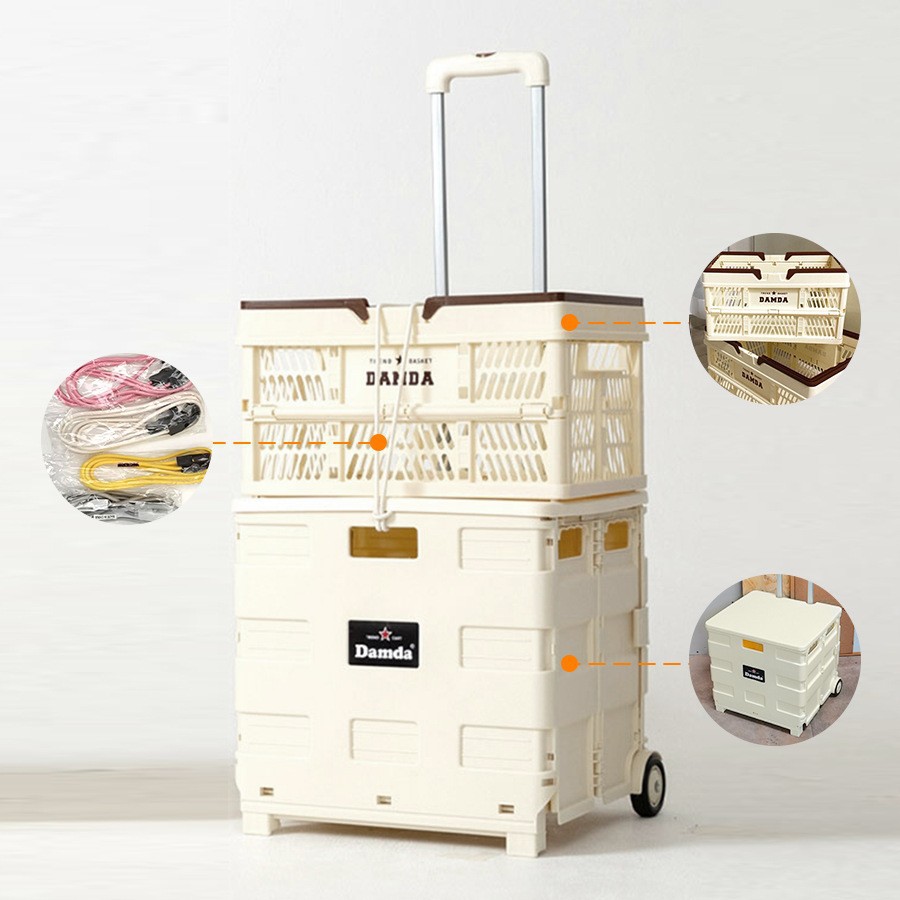 In stock 2-wheel plastic folding shopping cart South Korea trolley portable folding household storage trolley shopping basket