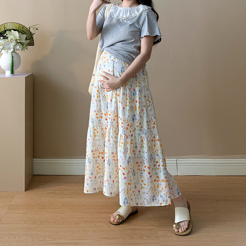 Summer Pregnant Women's French Floral Skirt Small Fresh and Slimming A- line Skirt Design Niche Long Skirt Drawstring Waist