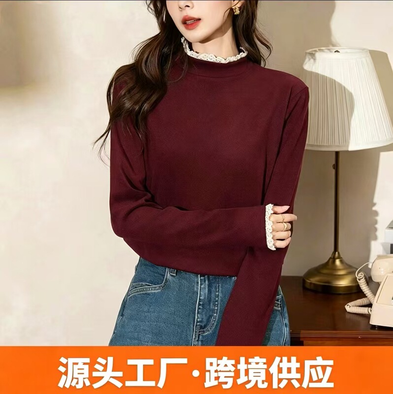 New autumn and winter lace-trimmed base layer tops for women, featuring double-sided brushed fleece, thickened fabric, long sleeves, and a half-high collar, available for wholesale