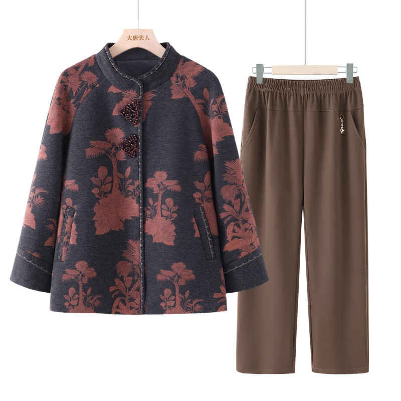 中老年人秋外套女奶奶衣服2025新款长袖衬衫妈妈宽松圆领休闲套装|undefined