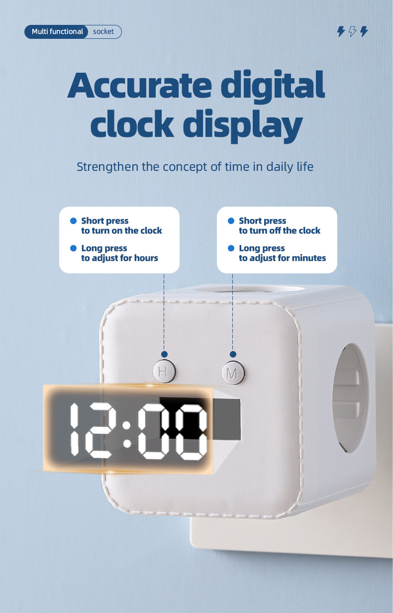 European Standard USB Cube Socket With Night Light/time Display/converter, Compact Multi-functional Power Strip For Home_voghion.com