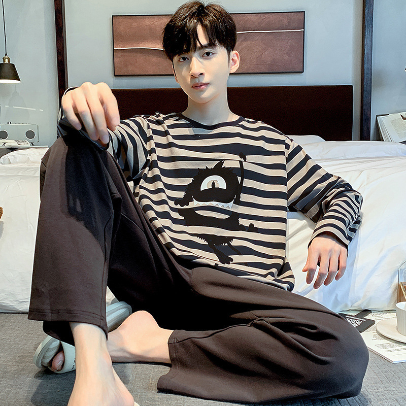 Pajamas for Men, Pure Cotton, Spring and Autumn Style, Casual Long-Sleeved Student Cartoon Round-Neck, Teenagers Can Wear Outside, Home Wear Set Pajamas for Men, Pure Cotton, Spring and Autumn Style, Casual Long-Sleeved Student Cartoon Round-Neck, Teenagers Can Wear Outside, Home Wear Set