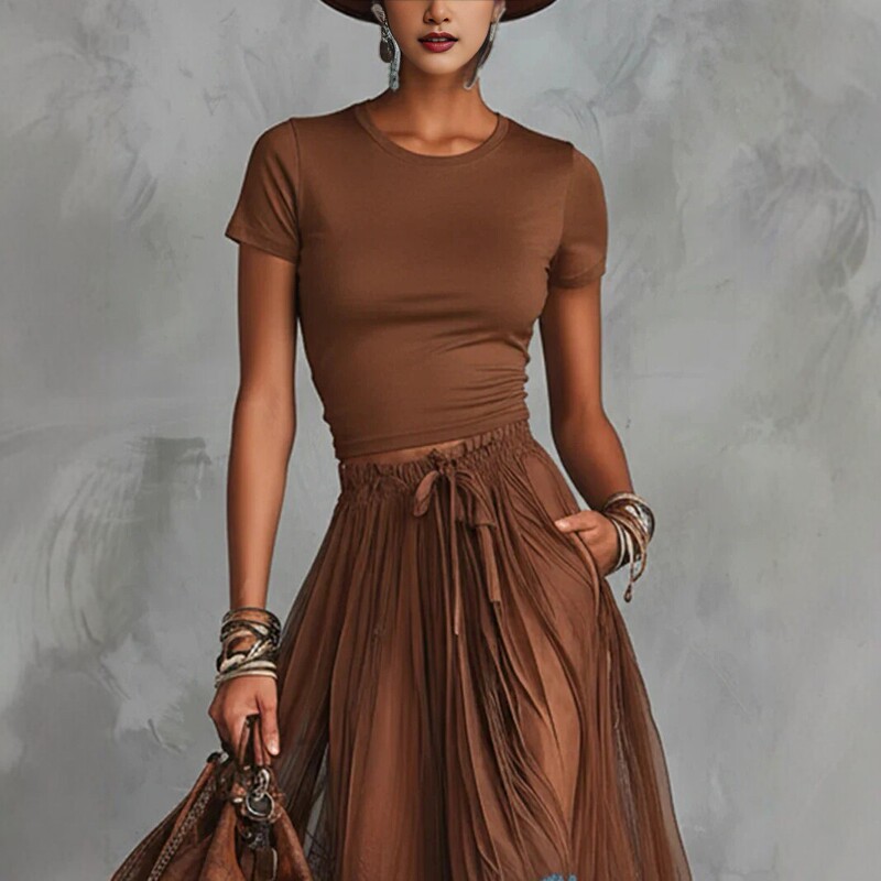 2026 European and American Style Brown Short-Sleeved Top Paired with Blue Lace Patchwork Long Skirt Set, Retro Vacation Style 2026 European and American Style Brown Short-Sleeved Top Paired with Blue Lace Patchwork Long Skirt Set, Retro Vacation Style