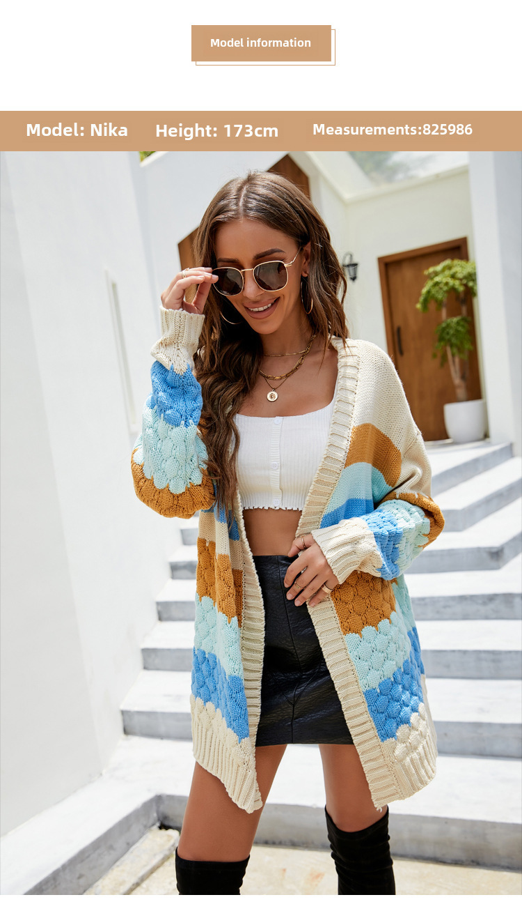 European and American Casual Contrast Color Sweater Coat Women's 2022 New Loose Mid-length Top Autumn and Winter Outer Knitted Cardigan_voghion.com