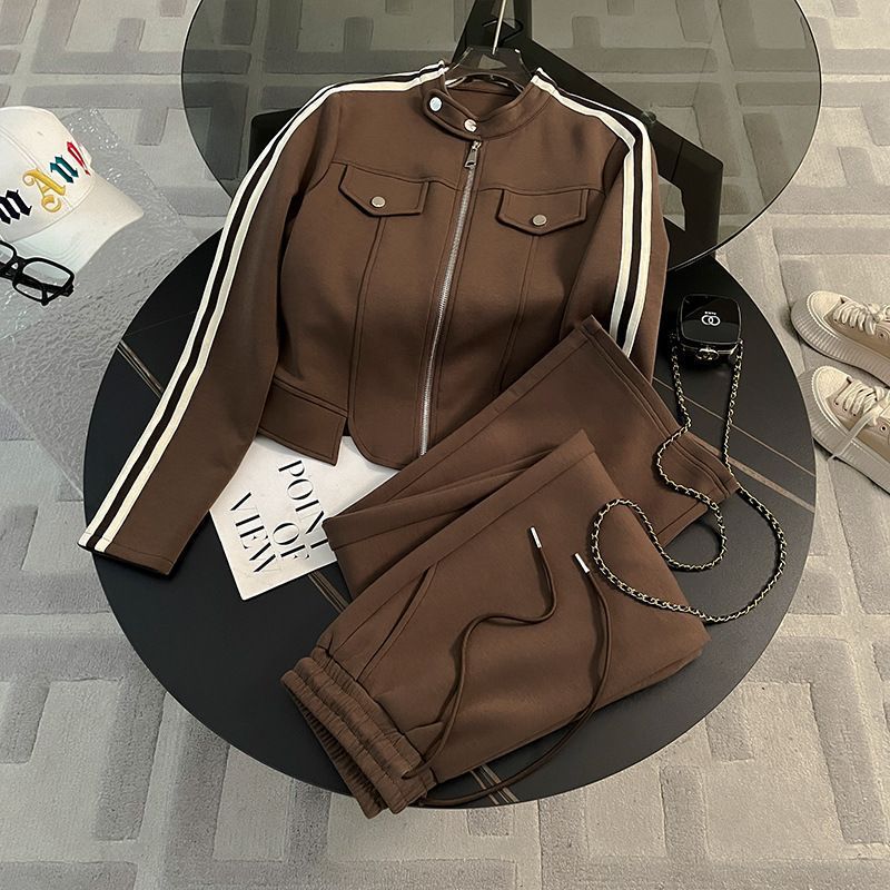 Korean Style Women's Zip-Up Hoodie & Jogger Pants Set - Casual Sporty Outfit (S-2XL, Black/Brown)_ecoleips.com
