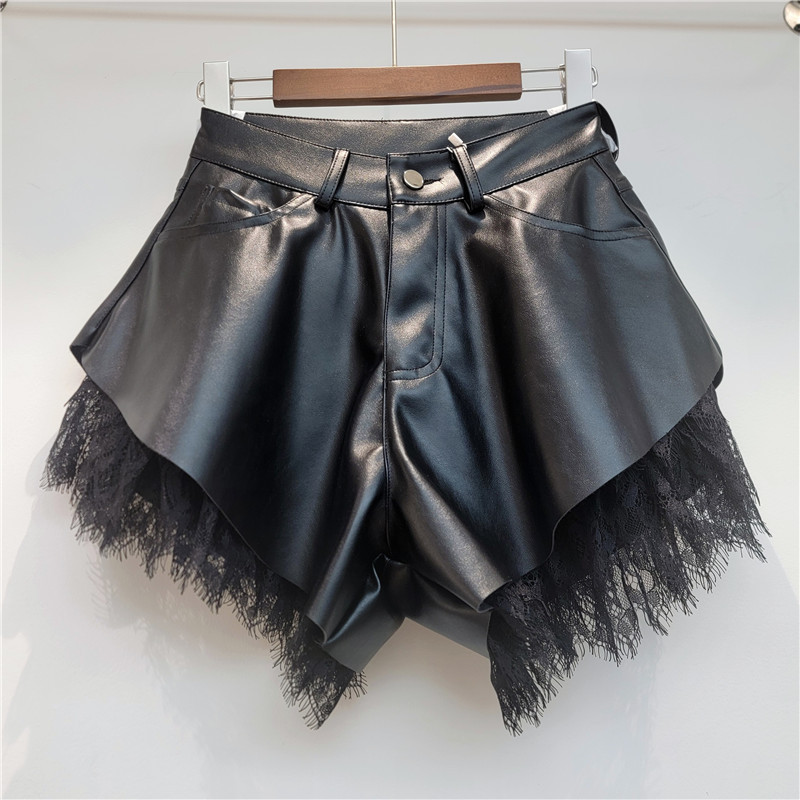 Shorts de Piel PU con Encaje de Pierna Ancha para Mujer