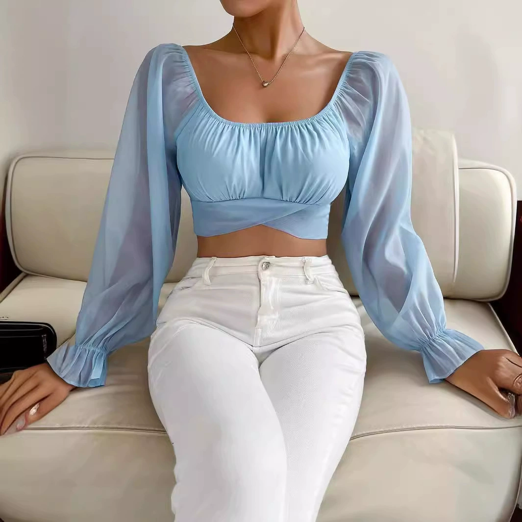Шифоновые блузки с длинными рукавами, sexy длинный пояс, квадратный вырез